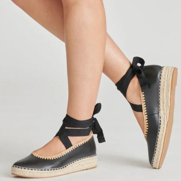 Dolce Vita Morgan Black & Jute Tan Leather Espadrille Wedge Ballet Sandals 9.5 - Picture 1 of 11